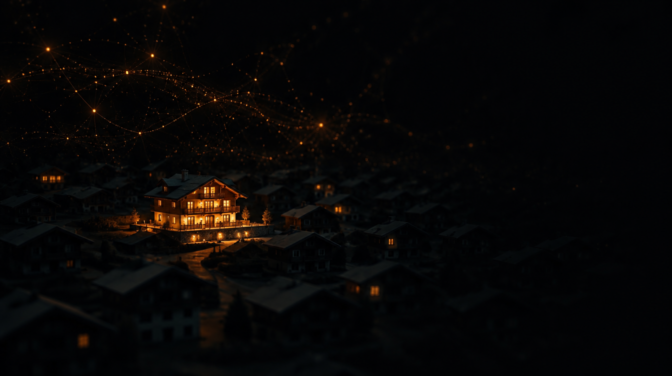 Symbolbild — ein warm beleuchtetes Berg-Gasthaus zwischen unbeleuchteten Häusern bei Nacht, dunkler YVision-Look mit amber Lichtakzent.